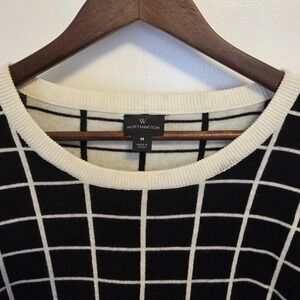 Worthington Women's Sweater Medium Black White Grid Pattern Colorblock Knit Top